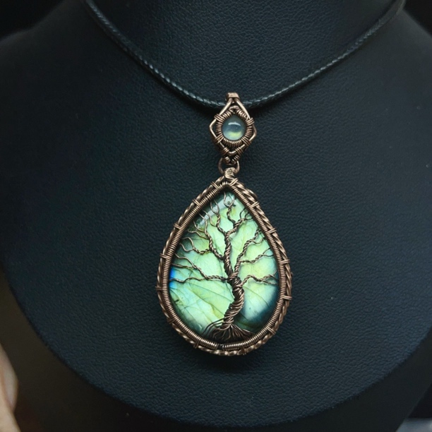 月光石/天河石/长石（处理）纯手工制做做旧生命树造型个性吊坠