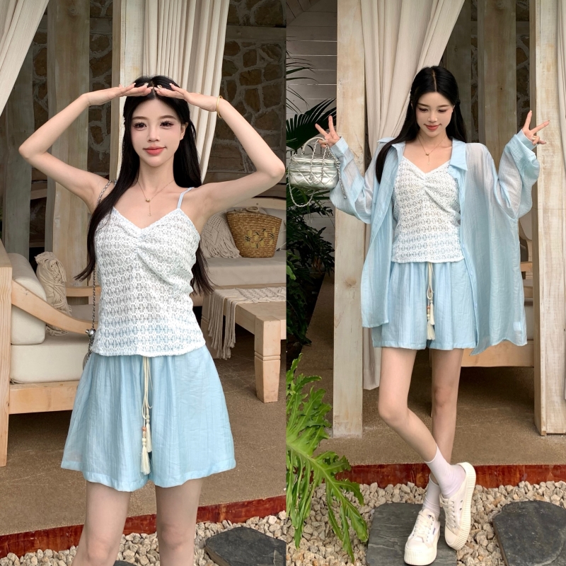 【小曹大码】新款女装蓝色吊带短裤衬衣三件套套装-HMDD6195
