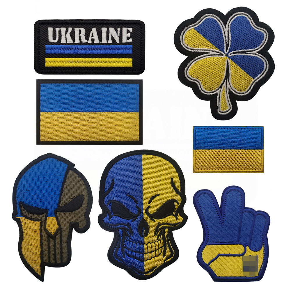  户外包配饰蓝黄UKRAINE乌克兰四叶草头骨骷髅头刺绣魔术贴徽章