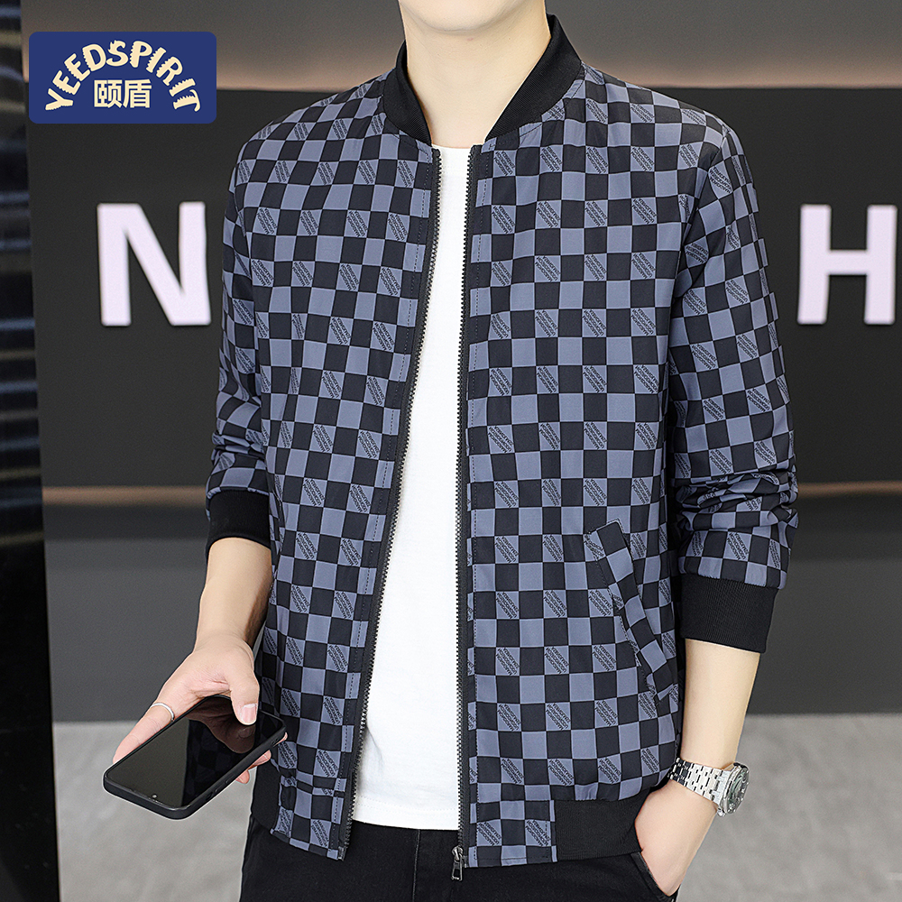 颐盾印花立领男帅气春秋季休闲棒球夹克格子男士春秋季时尚外套