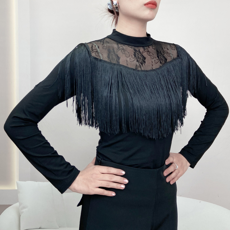 广场舞新款成人舞蹈时尚练功服女流苏上衣现代舞练功服黑色长袖