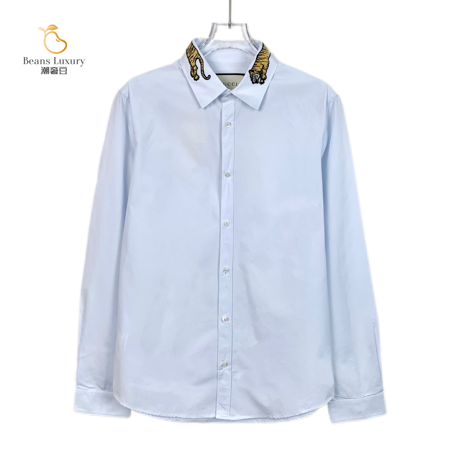 95新 GUCCI/古驰 潮奢豆 严选/翻领老虎刺绣棉质衬衫/H13096