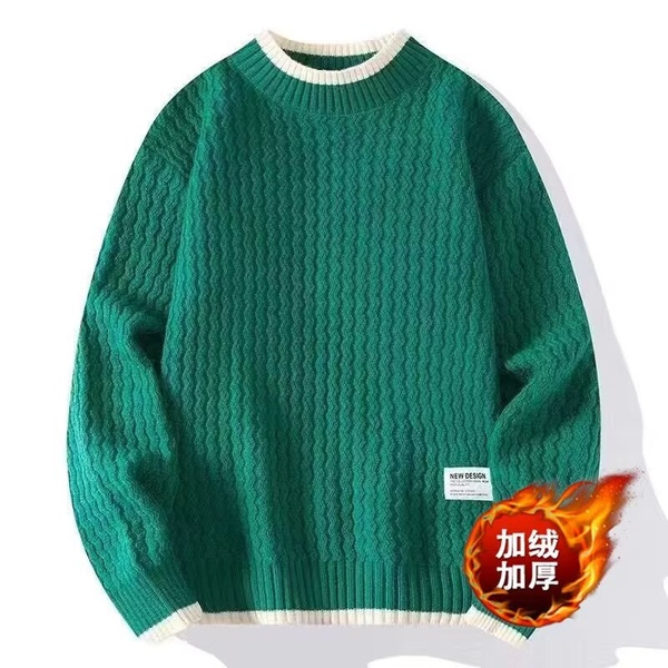 波浪纹男士男秋冬款潮牌毛衫衣服假两件线衣加绒加厚半高领针织衫