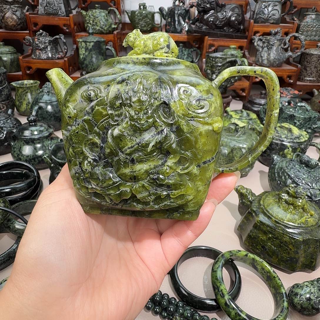 老***头蛇纹石玉未镶嵌藏玉药王石精美茶壶
