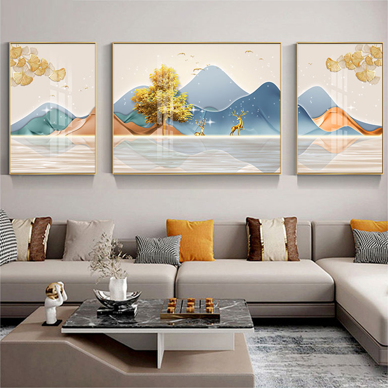 z108587现代简约客厅装饰画沙发背景墙大气轻奢三联画镶钻挂画