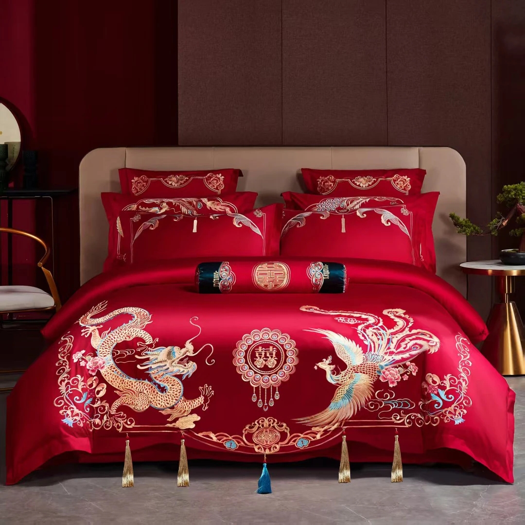 yy【美人龙凤】爆款美人龙凤婚庆大红色四件套绣花