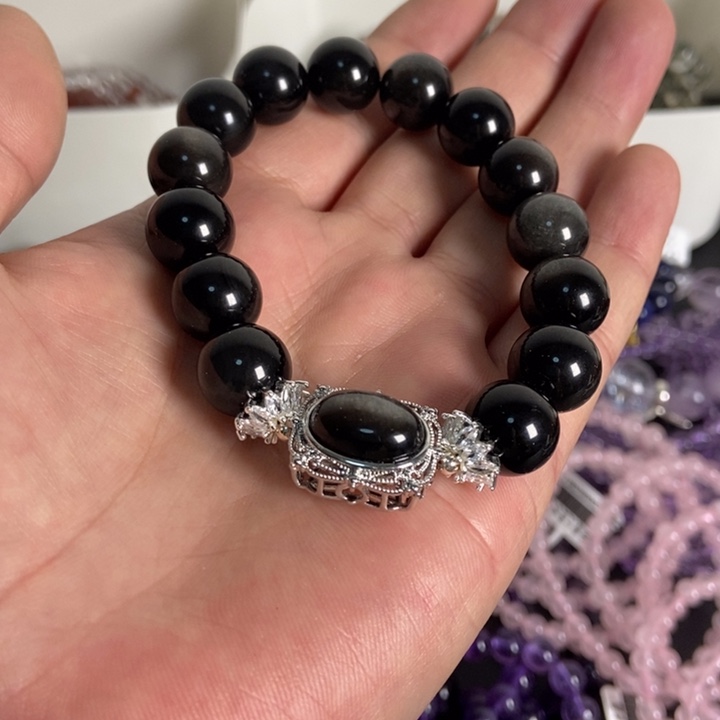 黑曜岩手链合金12mm银曜石手串