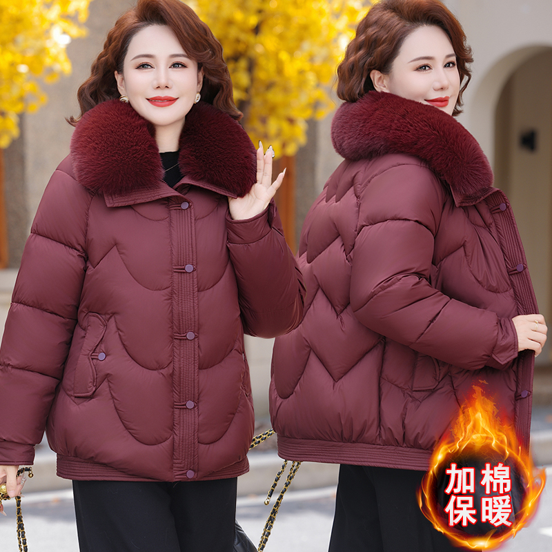 洋气中老年妈妈秋冬装加绒加厚棉袄中年女装毛领棉服保暖棉衣外套