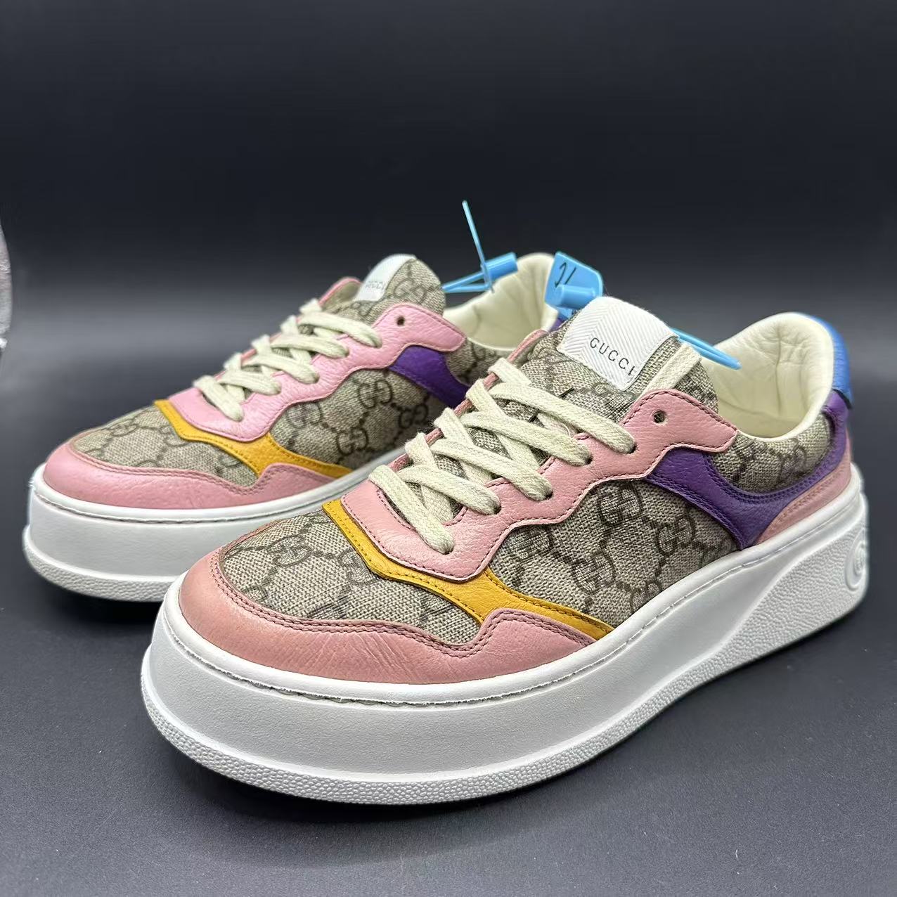 95新 GUCCI/古驰 时尚粉紫拼接老花厚底饼干鞋38.5欧码ola089s