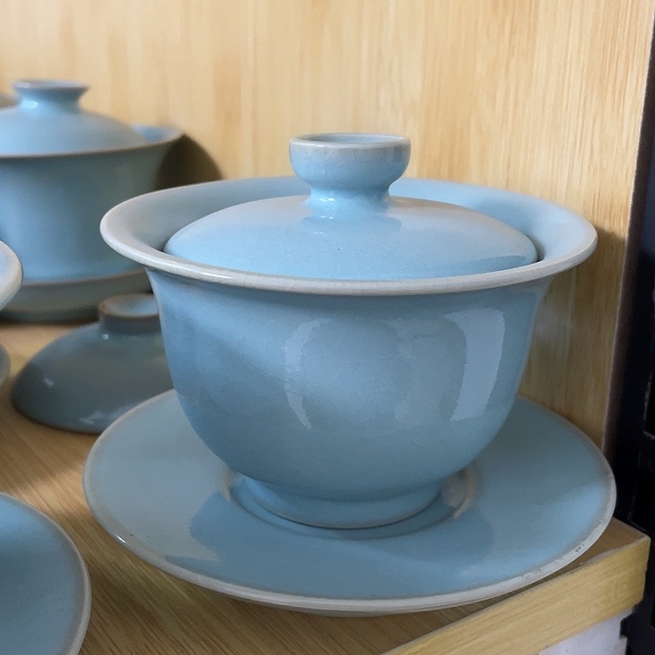 盖碗谢朝伟天青全手元宝三才微瑕