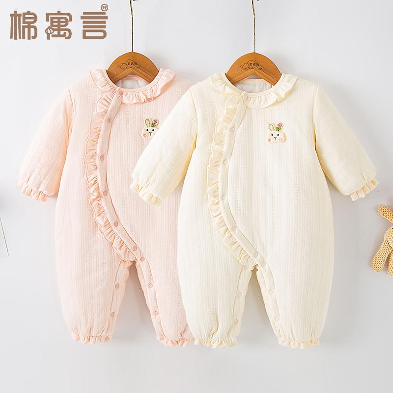 宝宝冬季连体衣婴儿加厚加棉哈衣外穿可爱木耳领爬爬服新生儿棉服