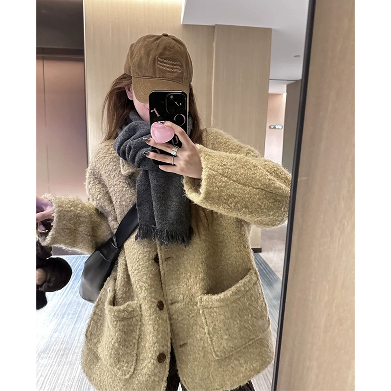 加厚加棉黄油羊毛呢外套 冬季韩系大口袋小个子廓形保暖外套大衣