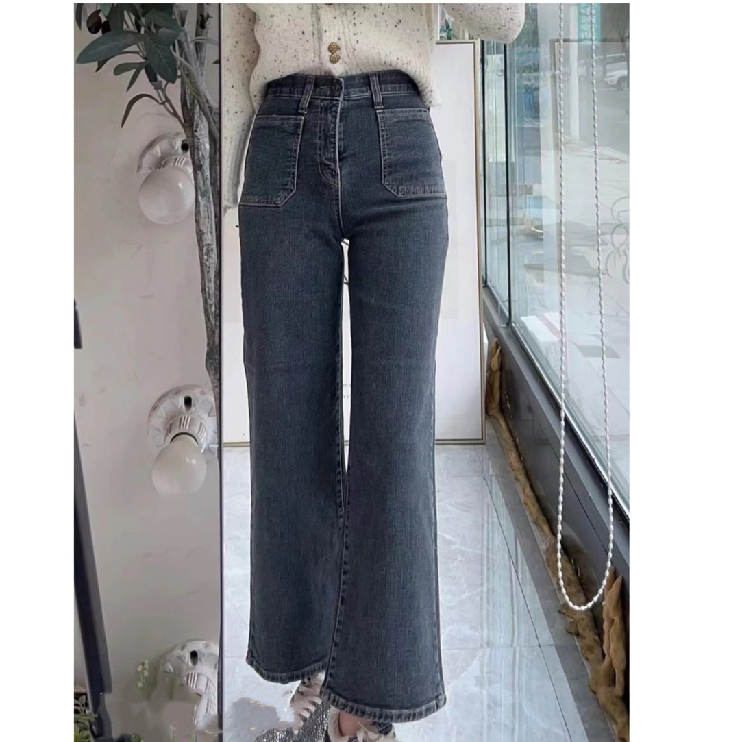 韩国东大门  爆款松紧腰前带方兜直筒百搭高腰牛仔裤（NO退）