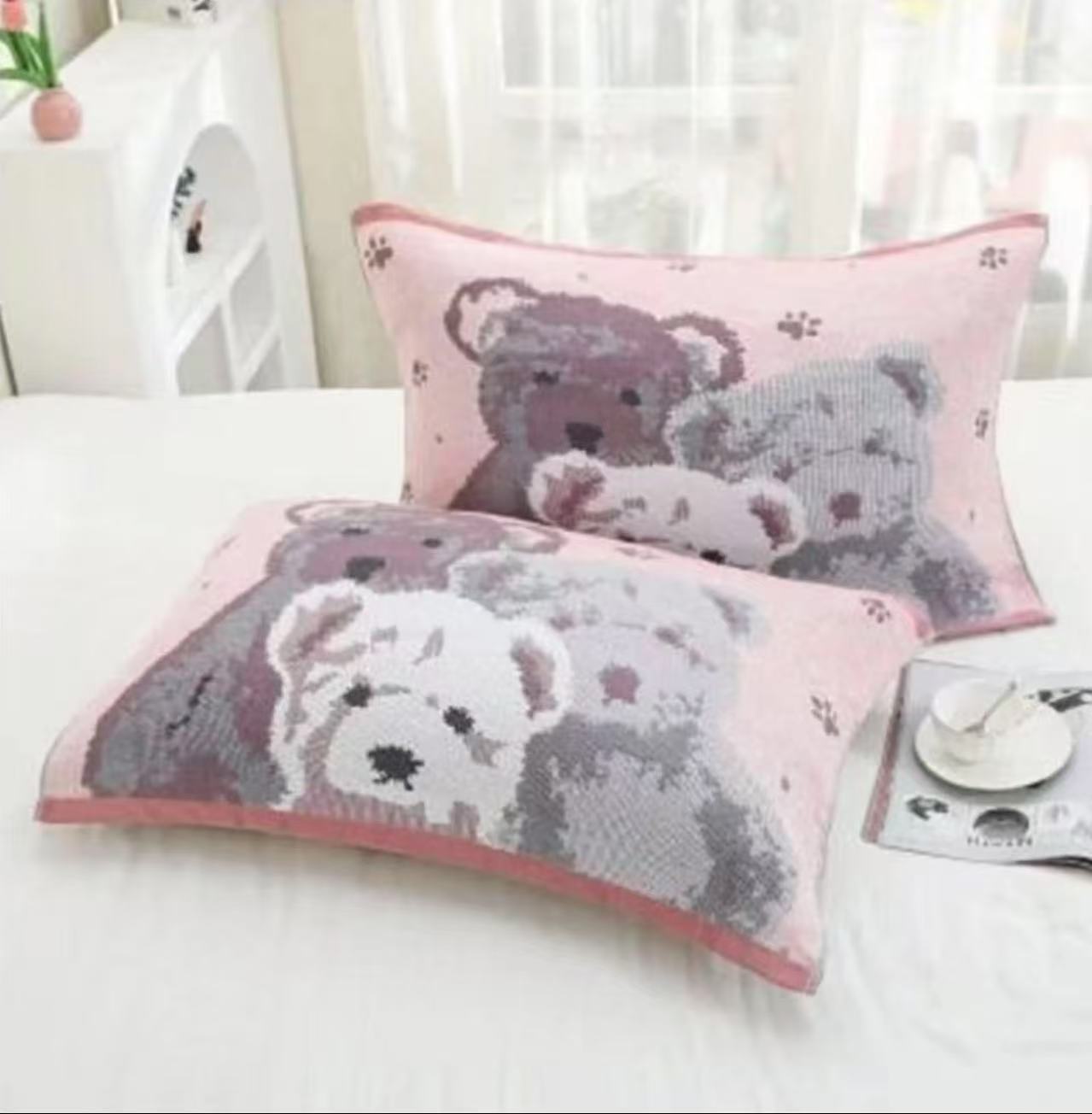 粉红熊52*78纱布舒适柔软枕巾