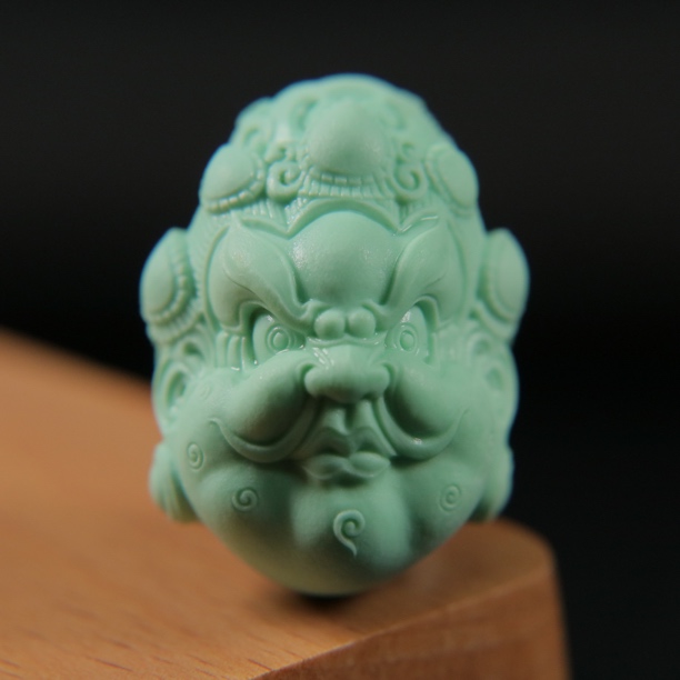 原矿绿松石菜籽黄黄财神佛首 尺寸21.6×30×22mm，重16.2g，李飞虎