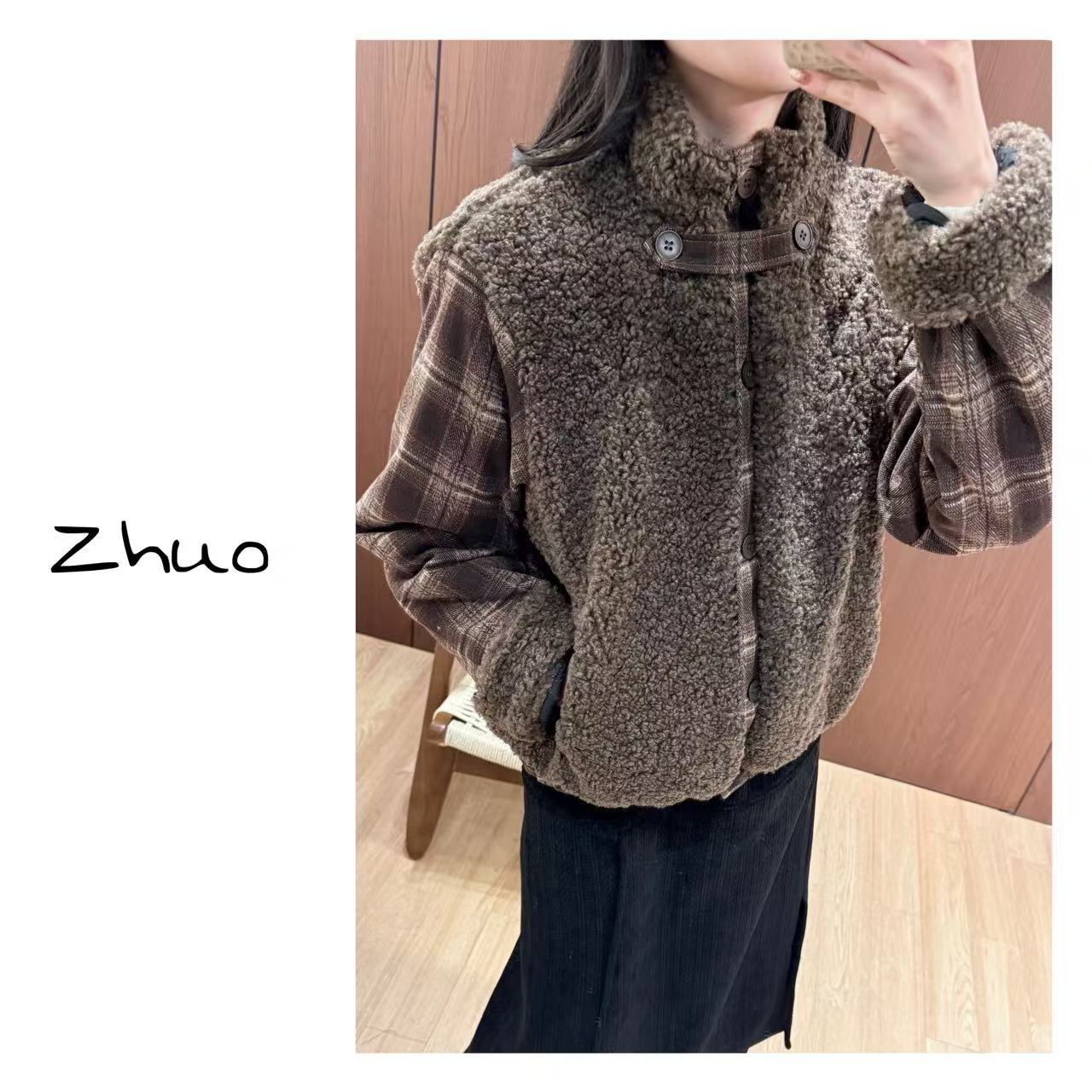 Zoe 原创【巧克力浆】冬季拼接格子毛毛棉服保暖厚外套百搭休闲毛绒