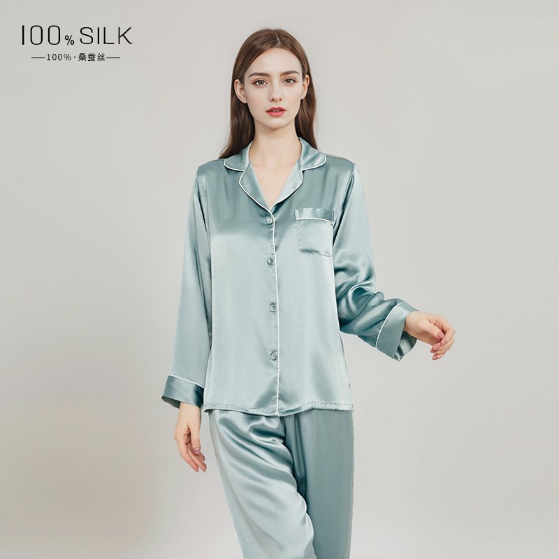 2025春夏真丝睡衣女士长袖夏季长裤100%桑蚕丝丝绸凉感家居服套装