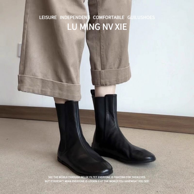 羊皮版~2025秋冬新款法式平底切尔西靴女黑色中筒百搭瘦瘦靴短靴