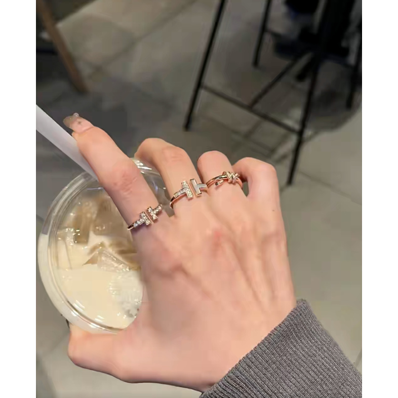 925银戒指 镀18K金 双T戒指女款ins尾戒 CNC精工 莫桑满镶钻款