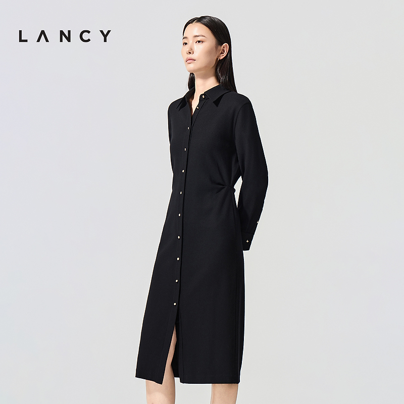【羊毛】LANCY/朗姿2026春新款气质通勤收腰衬衫连衣裙黑色中长裙