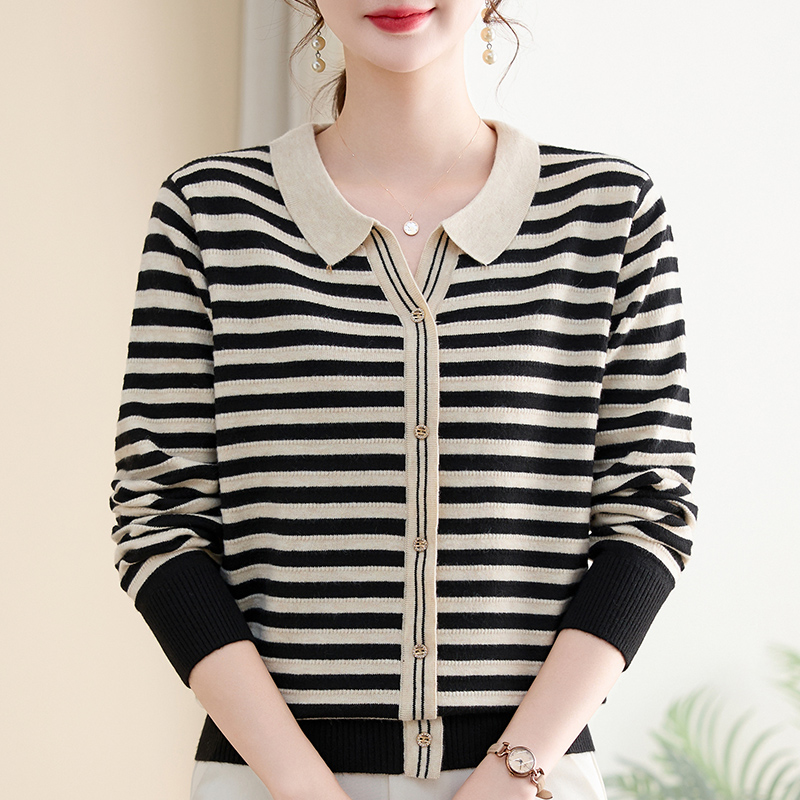 妈秋季针织打底衫上衣服中老年女装气质宽松条纹毛衣#25185