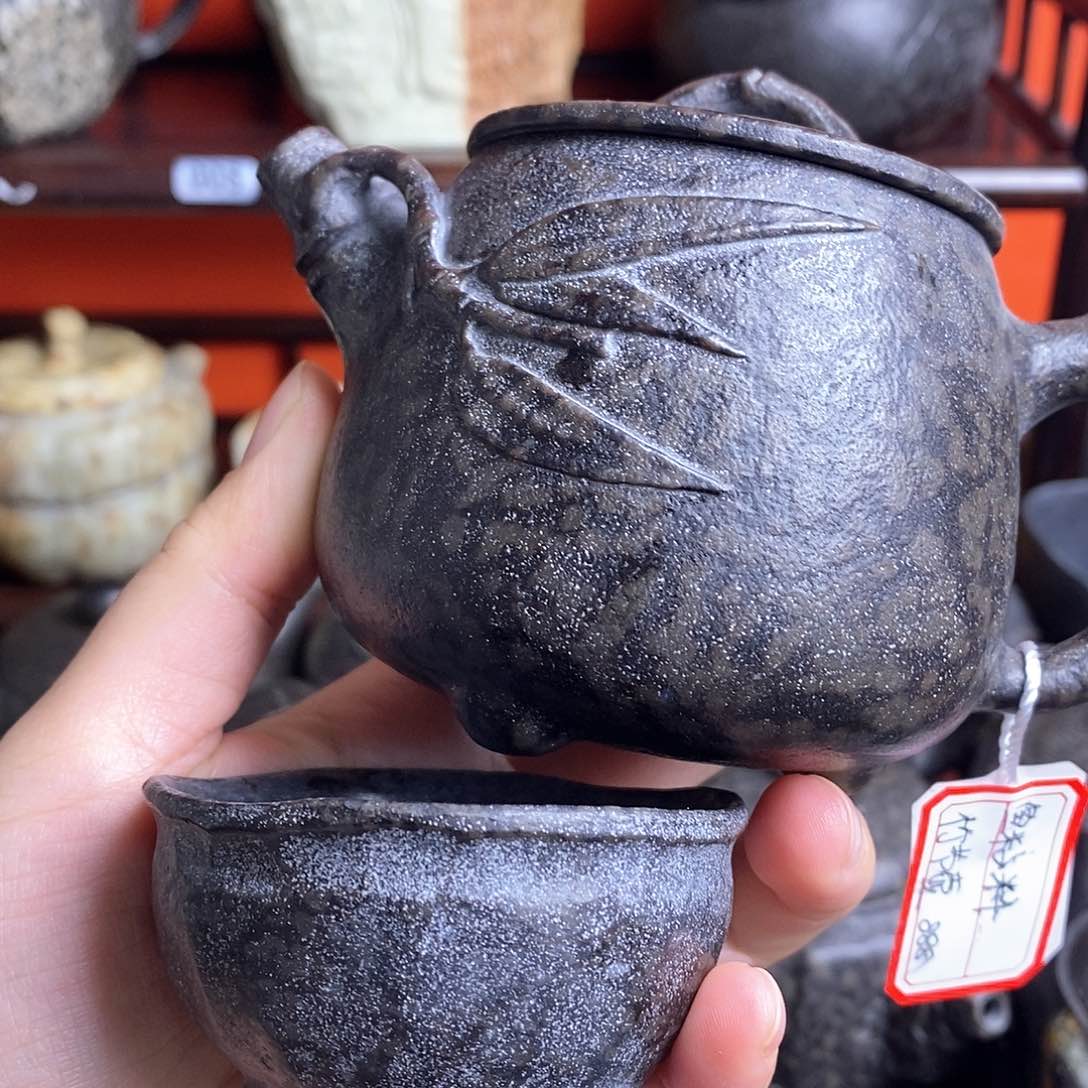 紫砂茶壶人**途冰碛岩竹节壶带杯子