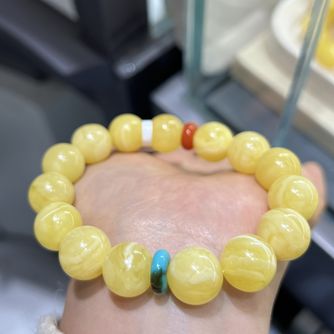 天然蜜蜡俄料浓白花蜡圆珠手串13㎜➕