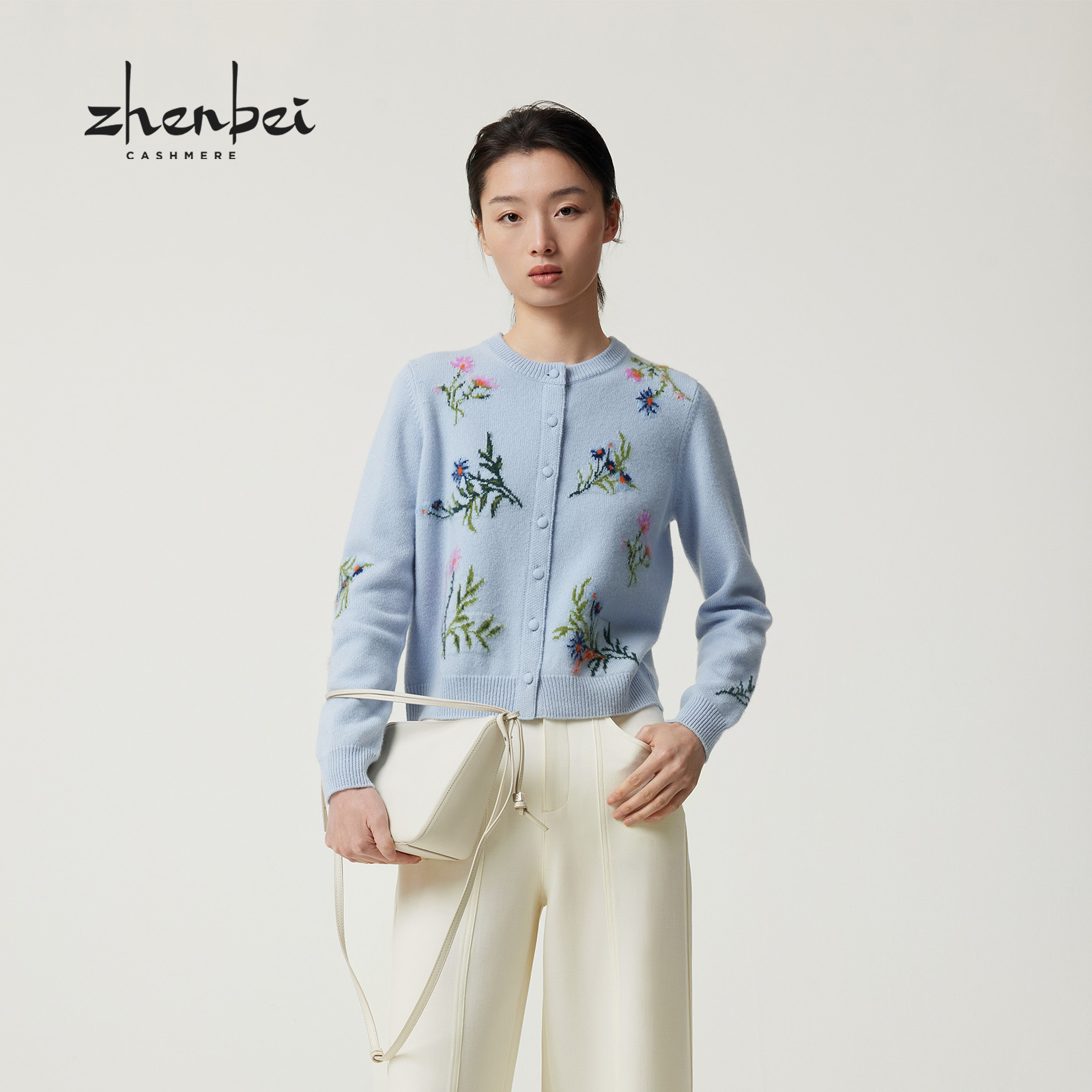 ZB/珍贝2025秋冬新品 圆领嵌花女开衫/56650