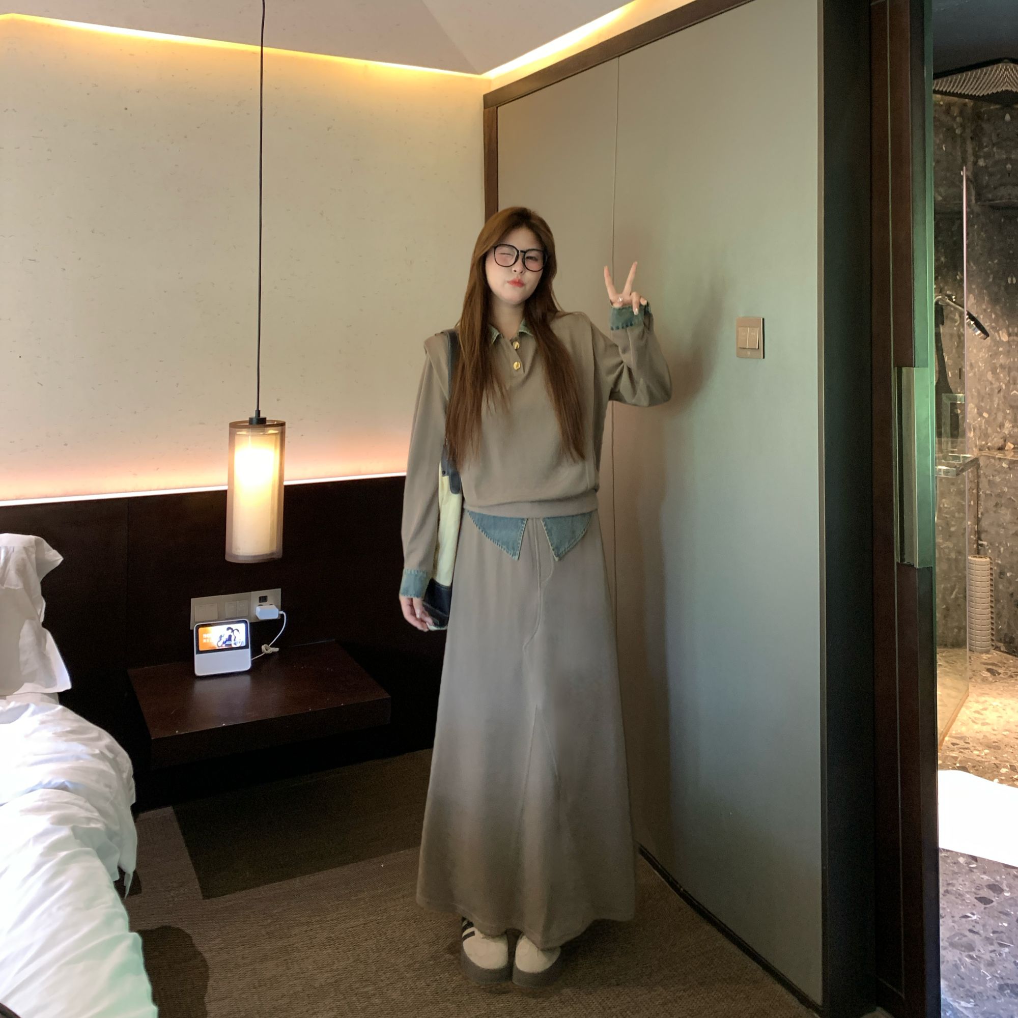 盈盈&南岛风大码女装拼接牛仔卫衣秋季胖mm半身裙长裤套装ZYY2184