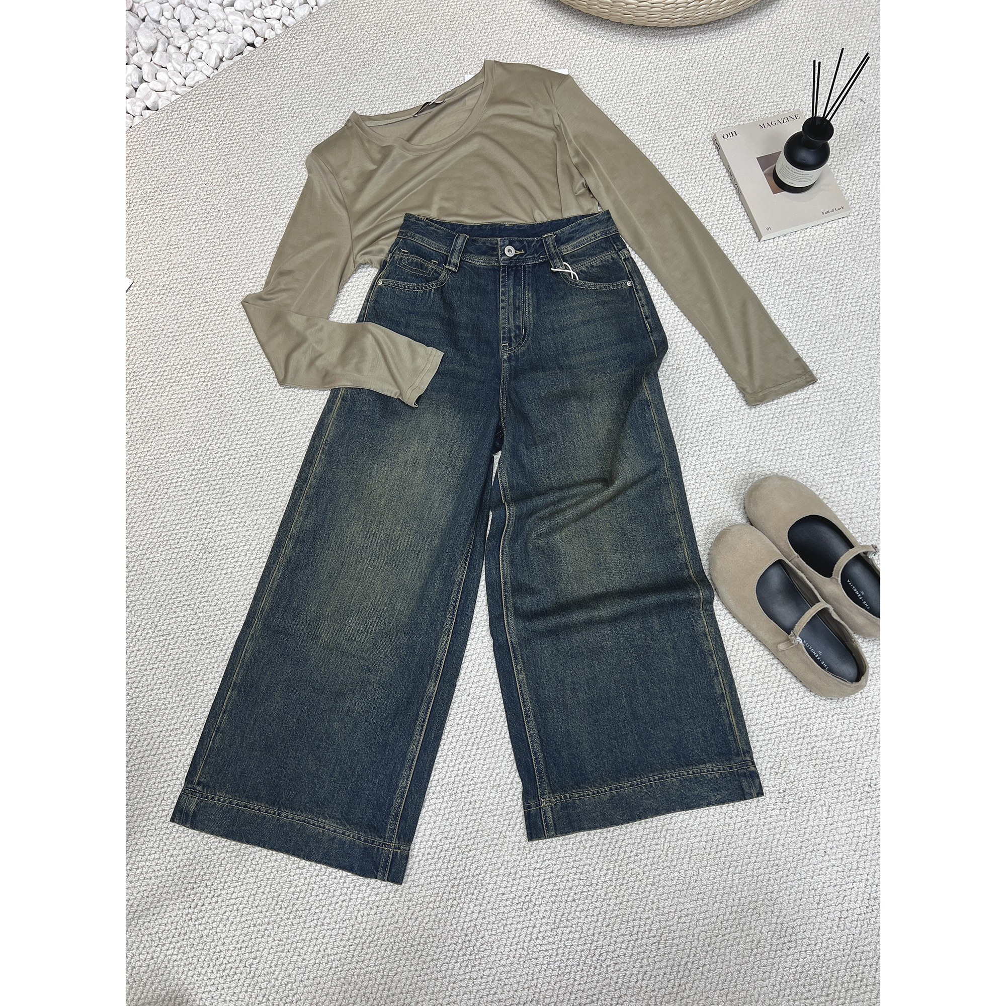 复古洗水咖九分阔腿牛仔裤88022（清）