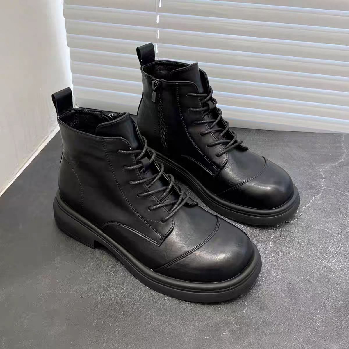 冬季新品女橡胶底圆头皮面马丁靴加绒软底软皮舒适5507