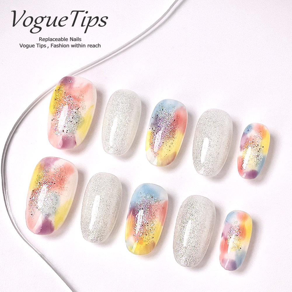 VogueTips 彩虹银河短款手工穿戴甲高级私人定制甲片短椭圆ZB552