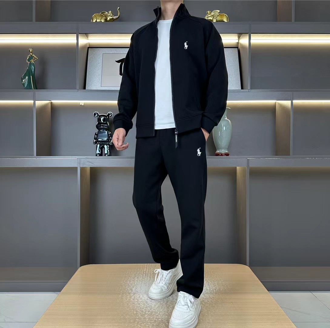 【小俞服饰】秋季男士套装休闲百搭套刺绣修身舒适时尚立领两件套