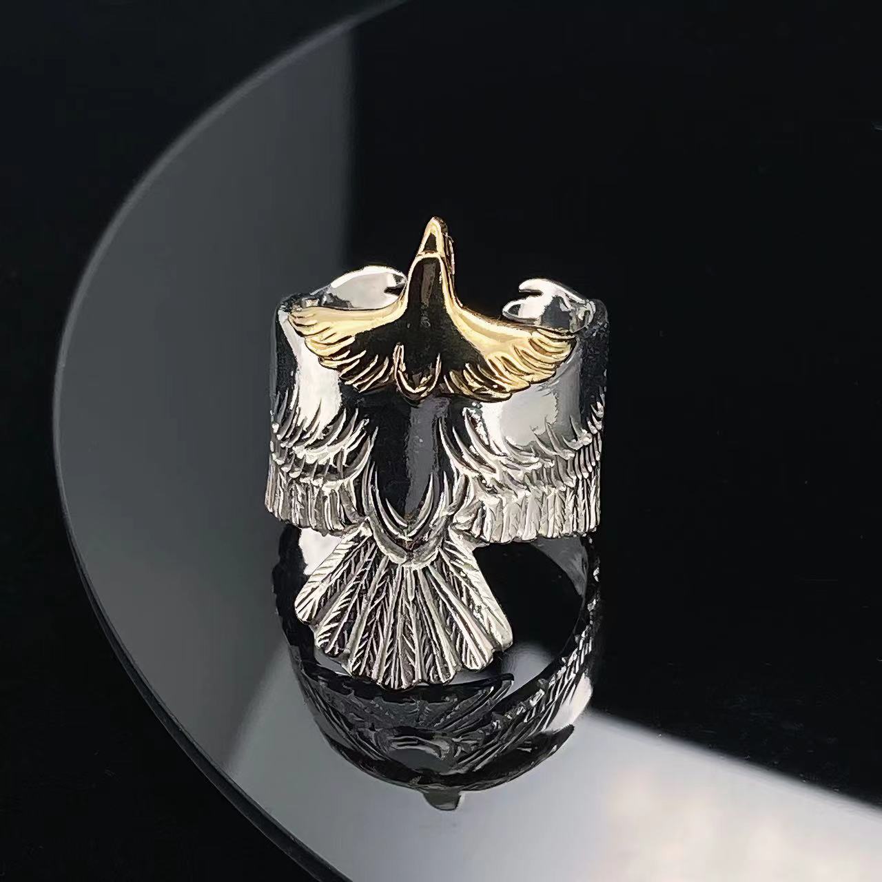 鸿聚隆 925银戒指 NO250小众手工kenkikuchi金头鹰开口银戒指