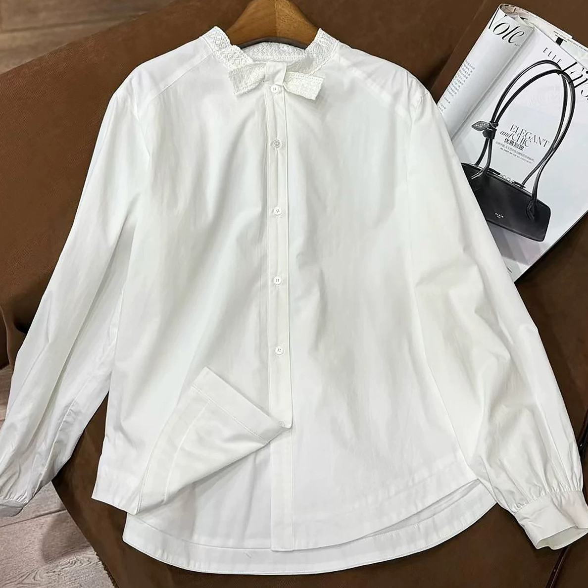 5106冬季时尚系带蕾丝设计感百搭衬衣
