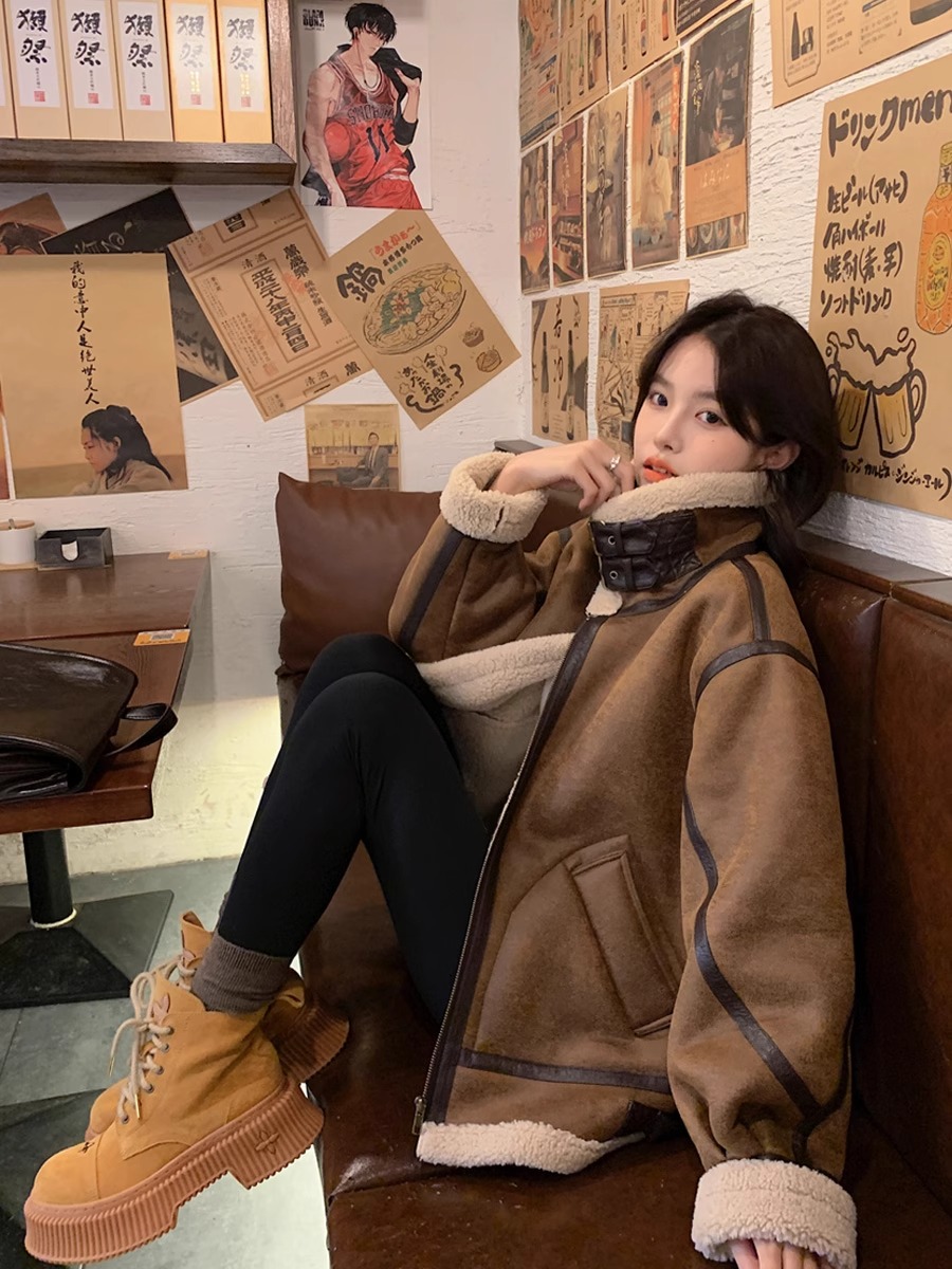 秋冬加绒宽松上衣羊羔毛欧美极简外套女美拉德色系加厚机车夹克zb