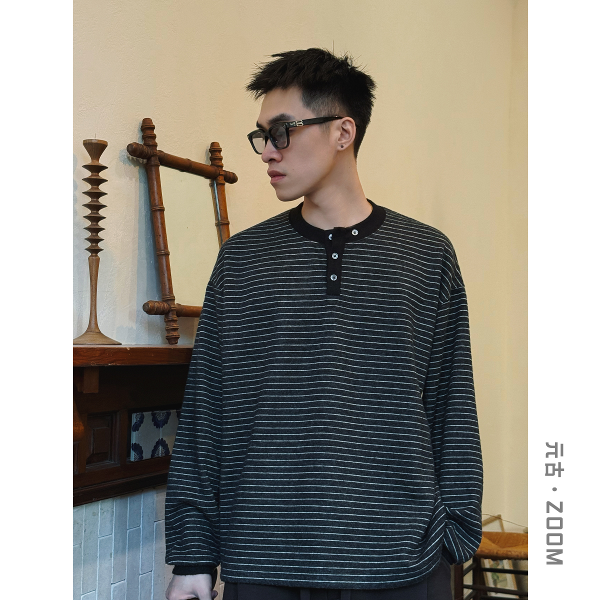 元古 亨利领条纹撞色打底套头卫衣 秋冬百搭加绒长袖上衣男女1072