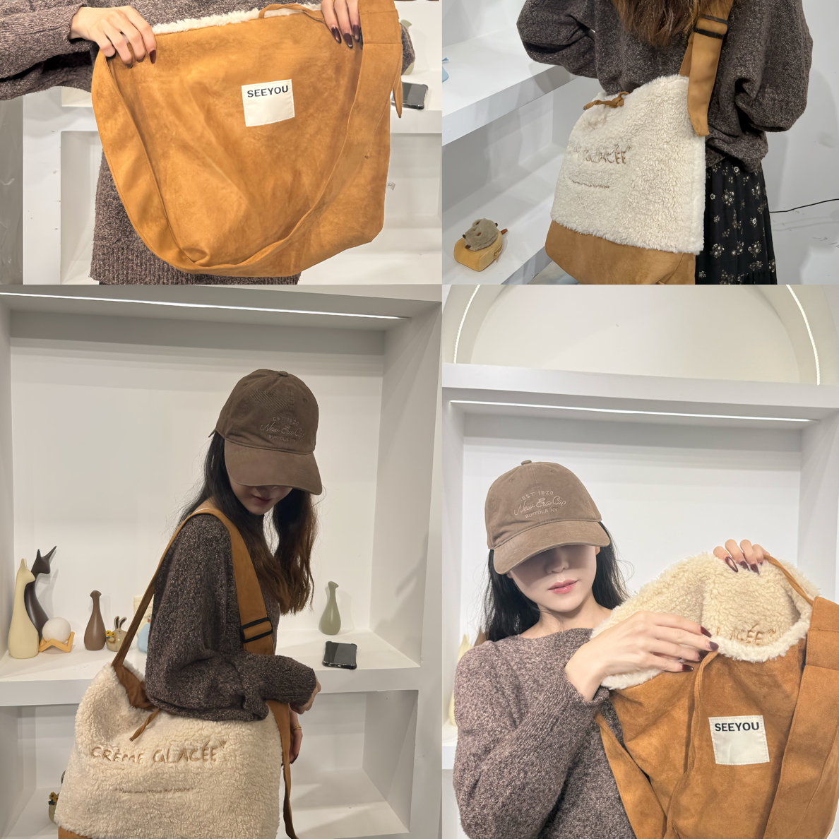 韩版文艺风双面百搭通勤毛绒包秋冬撞色字母刺绣斜挎托特包女