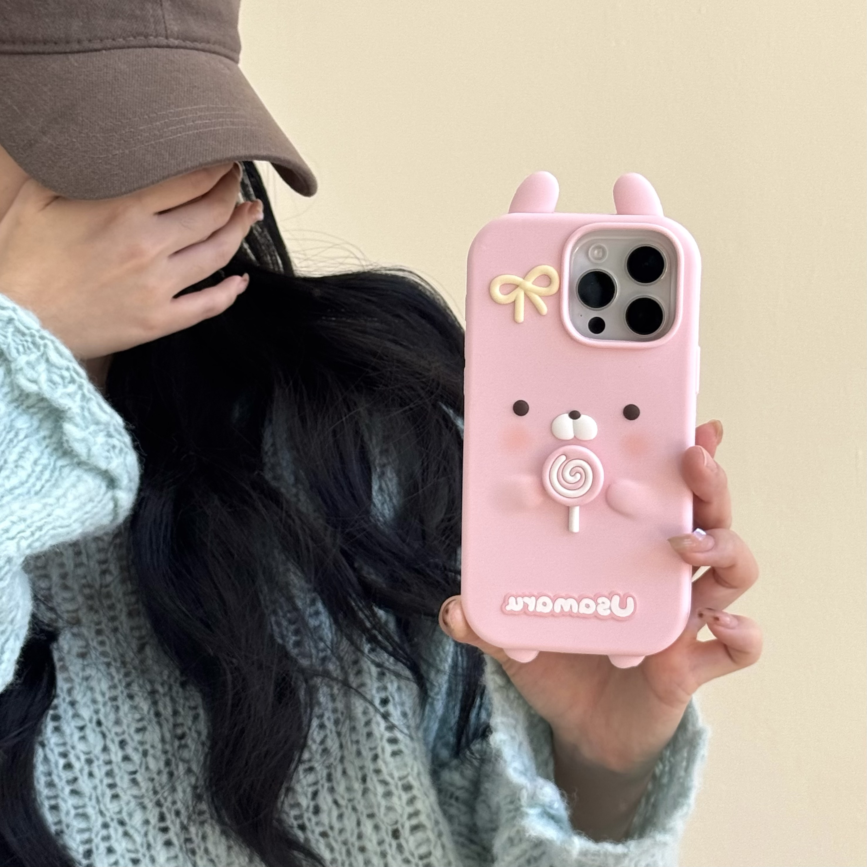 苹果|卡通兔丸可爱旋转棒棒糖少女蝴蝶结适用iPhone17p硅胶手机壳