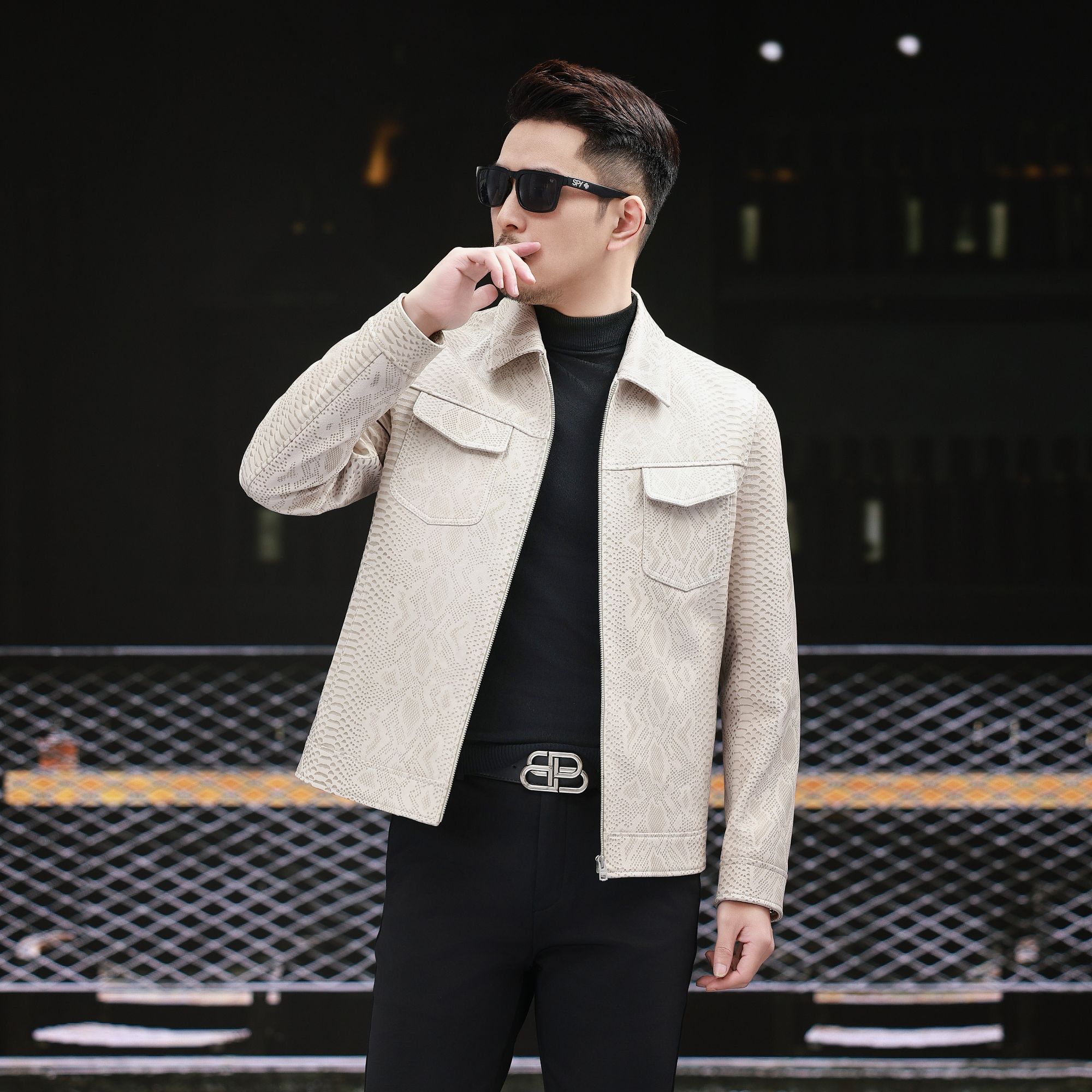 2025新款男士绵羊皮蟒蛇纹休闲夹克显瘦男修身皮衣休闲帅气秋冬季