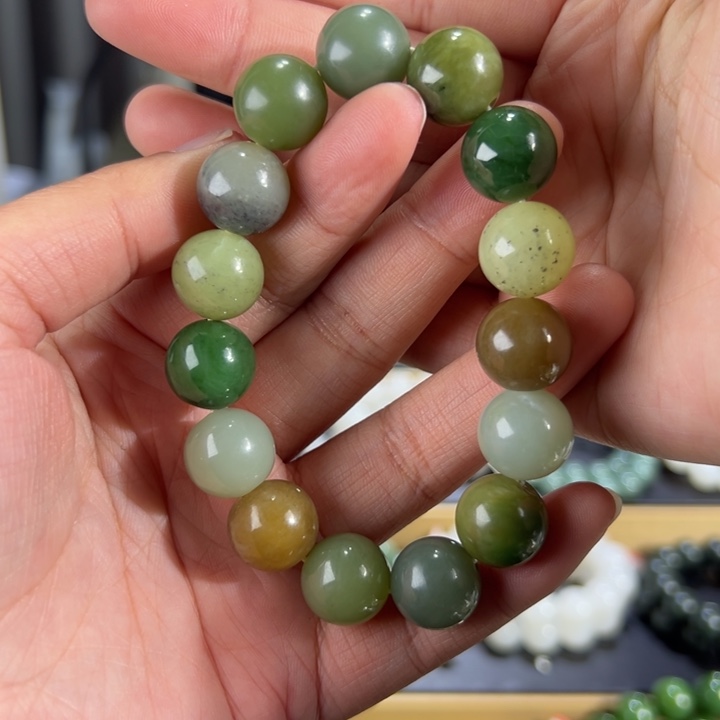 和田玉手串未镶嵌和田玉多宝卡14圆珠微瑕