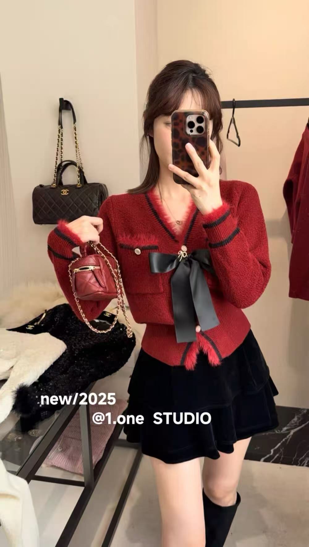 [DARUI]蝴蝶结V领毛衣针织开衫外套收腰小香风上衣2303