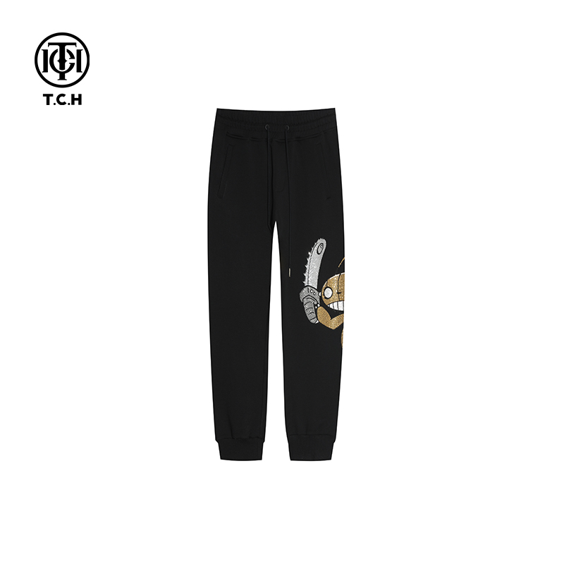 潮牌-TCH时尚大嘴蚂蚁烫钻黑色束脚长裤男女同款T21120C6035tch