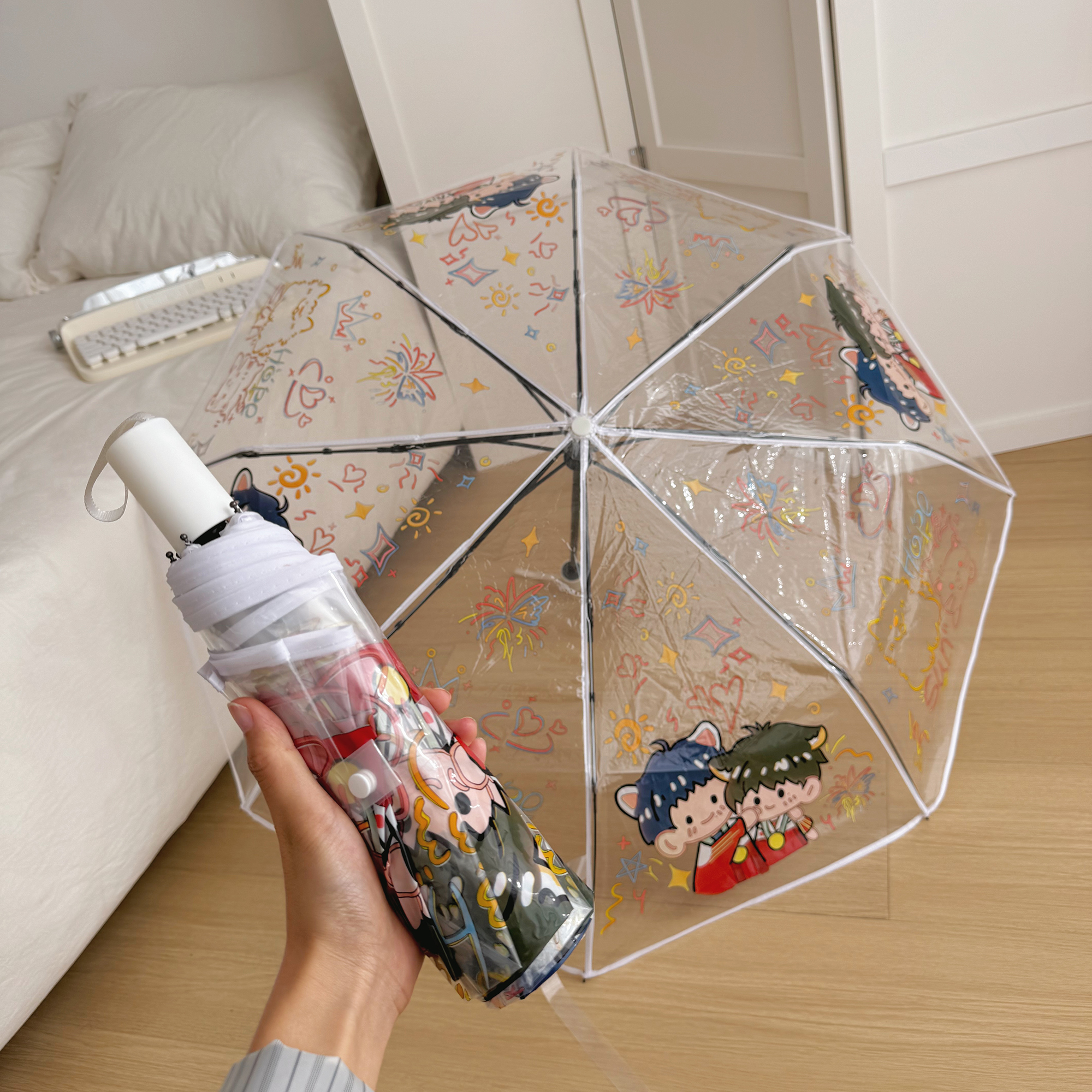 lovefuy/飞恋卡通加厚全自动透明伞创意小清晰防水两用折叠长柄伞