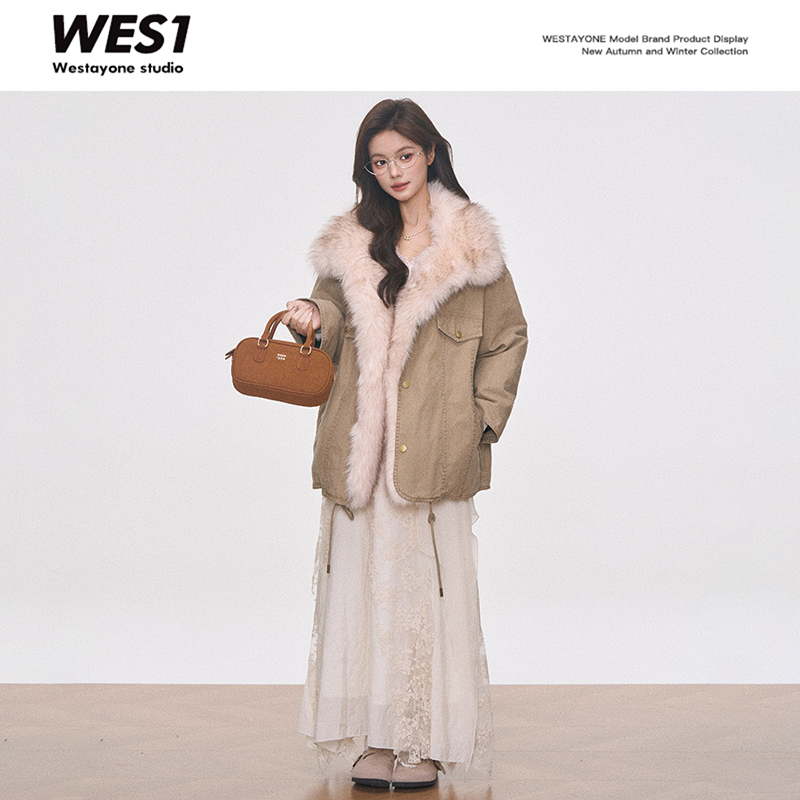 11.6新品WESTAYONE水洗工装外套女毛毛拼接夹克+打底+短裙+长裙