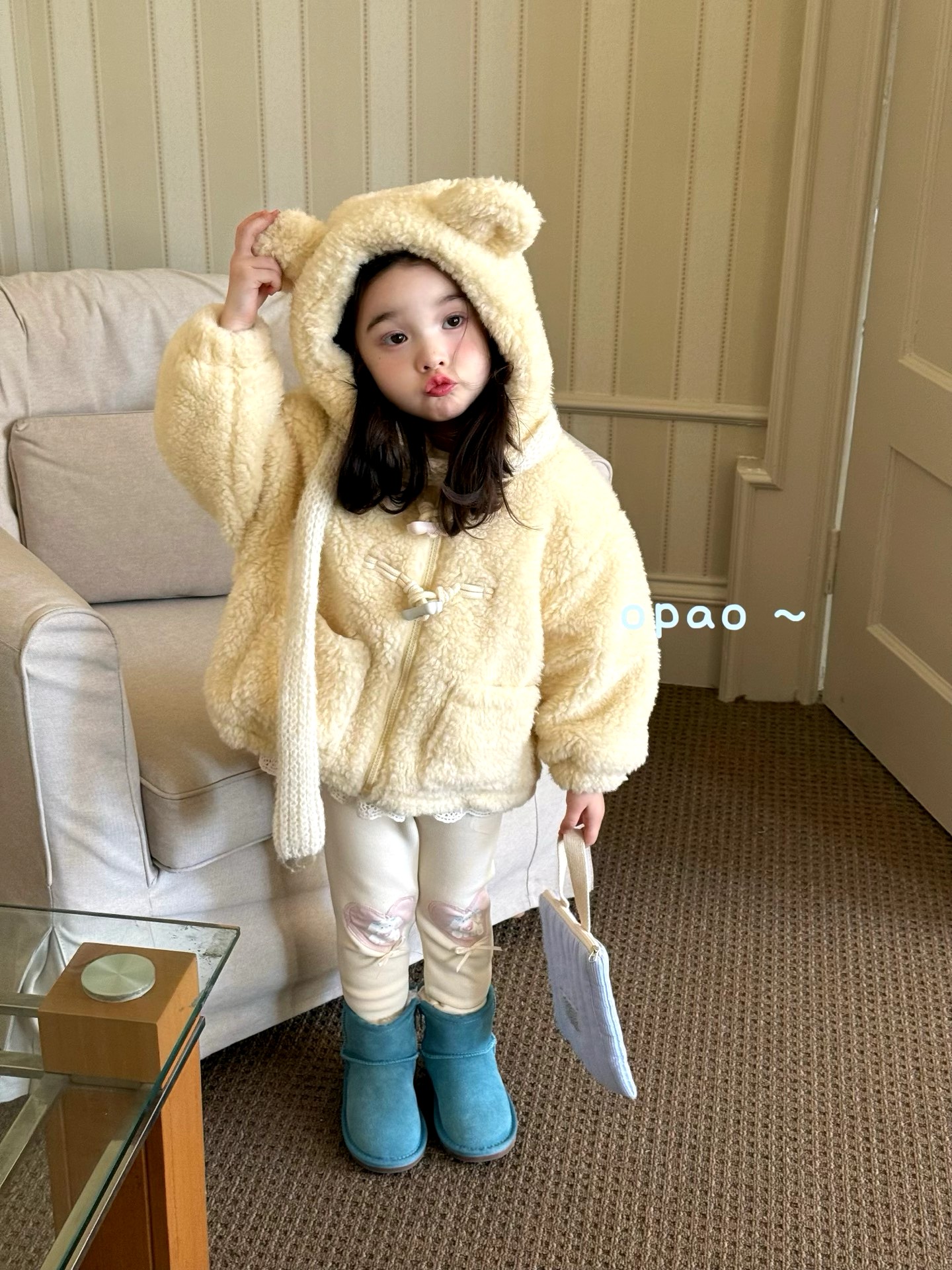 【Opao】秋冬2025新款女童黄色可爱小熊外套外套洋气百搭爱心打底裤