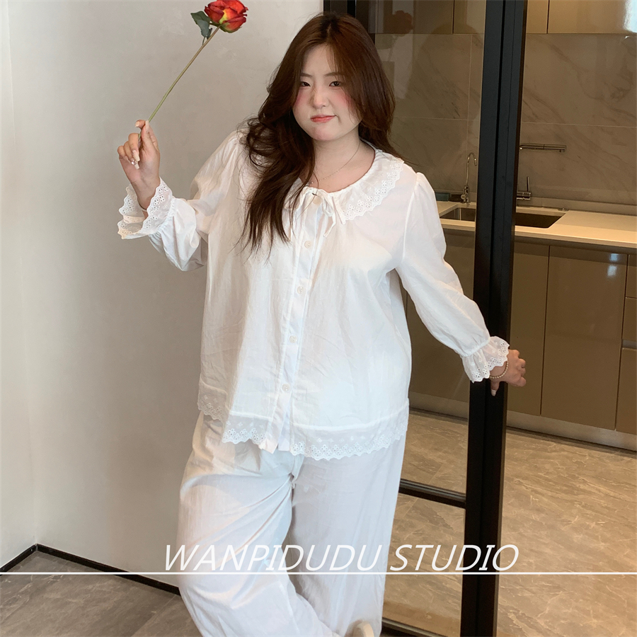 大码胖MM200斤秋长袖长裤纯棉圆领绑带纯白居家温柔少女睡衣