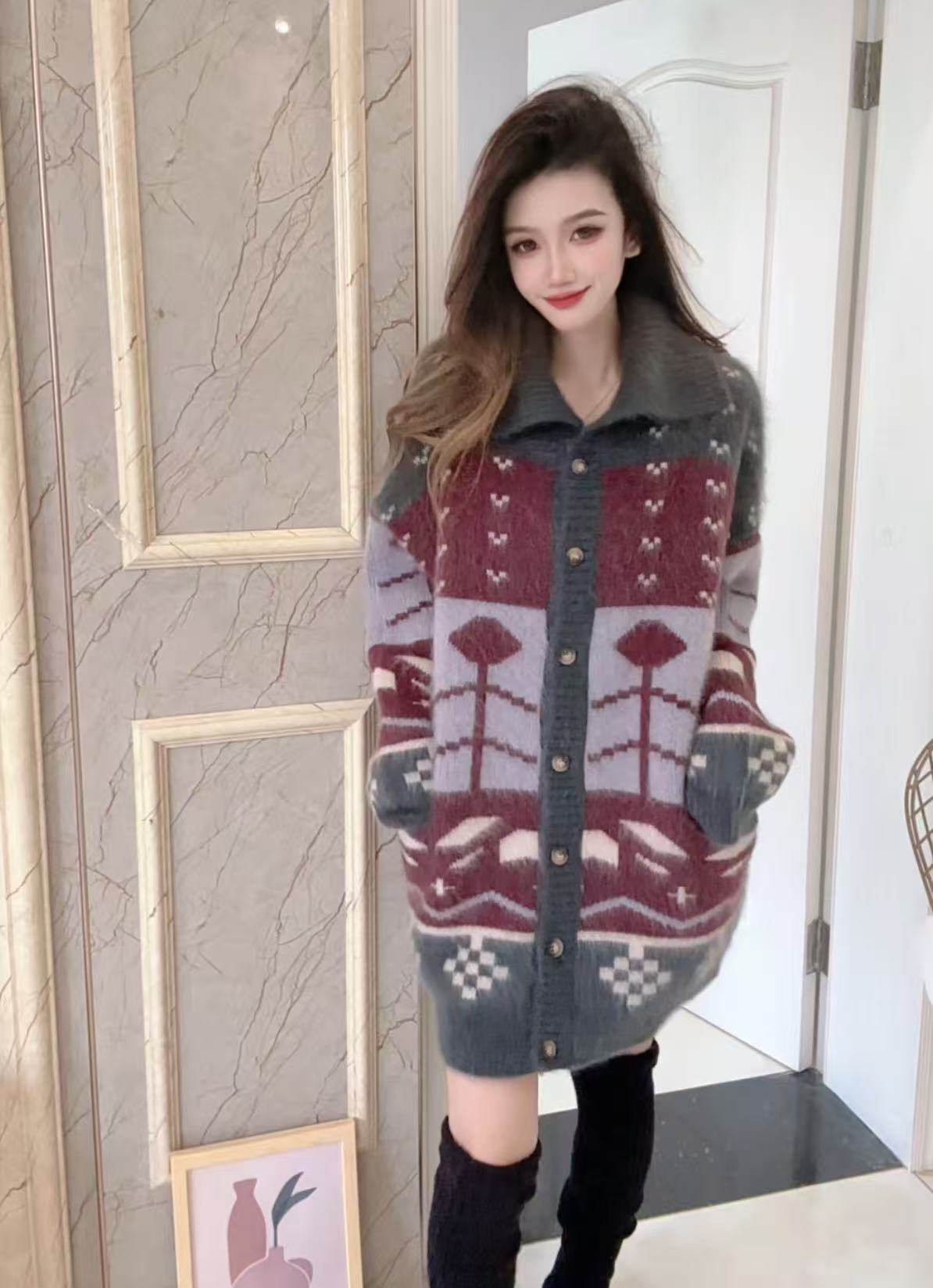 【100山羊绒】拉绒工艺254637-慵懒风时尚拼色费尔岛提花针织外套