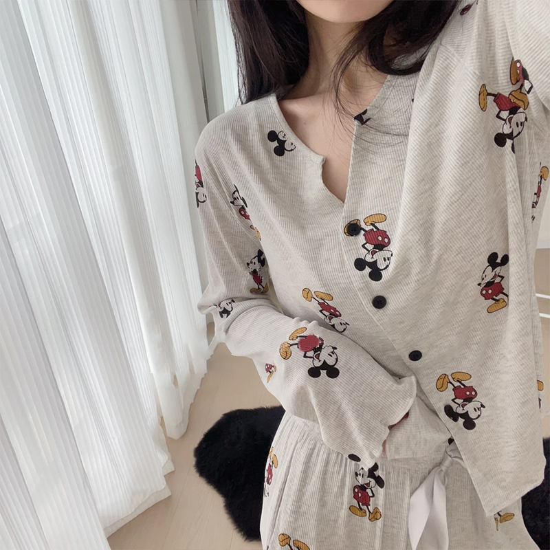 卡通可爱米奇亲肤莫代尔冰丝开衫长袖长裤睡衣女春秋季家居服套装