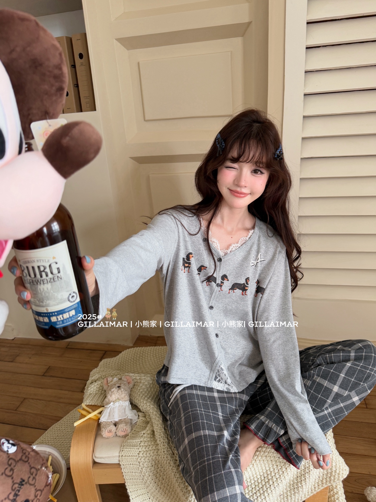 Gill Aimar小熊家 珍妮小狗长袖睡衣卡通格子家居服少女韩版